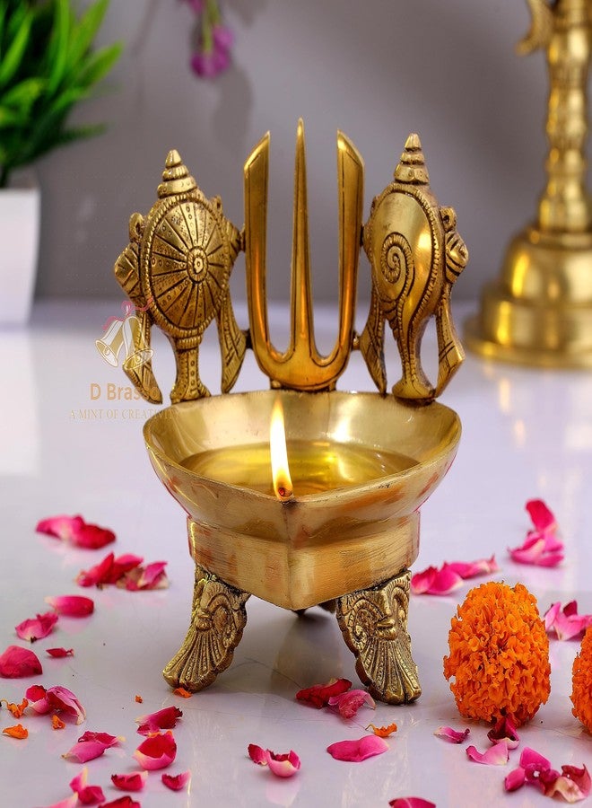 D Brasso Brass Shankh Chakra Namah Design Diya على الأرجل المنحوتة، زيت الديبام لبوجا، شانكا جادا بادما (قياسي، 1.75 كجم، عبوة من قطعة واحدة). - Image 2